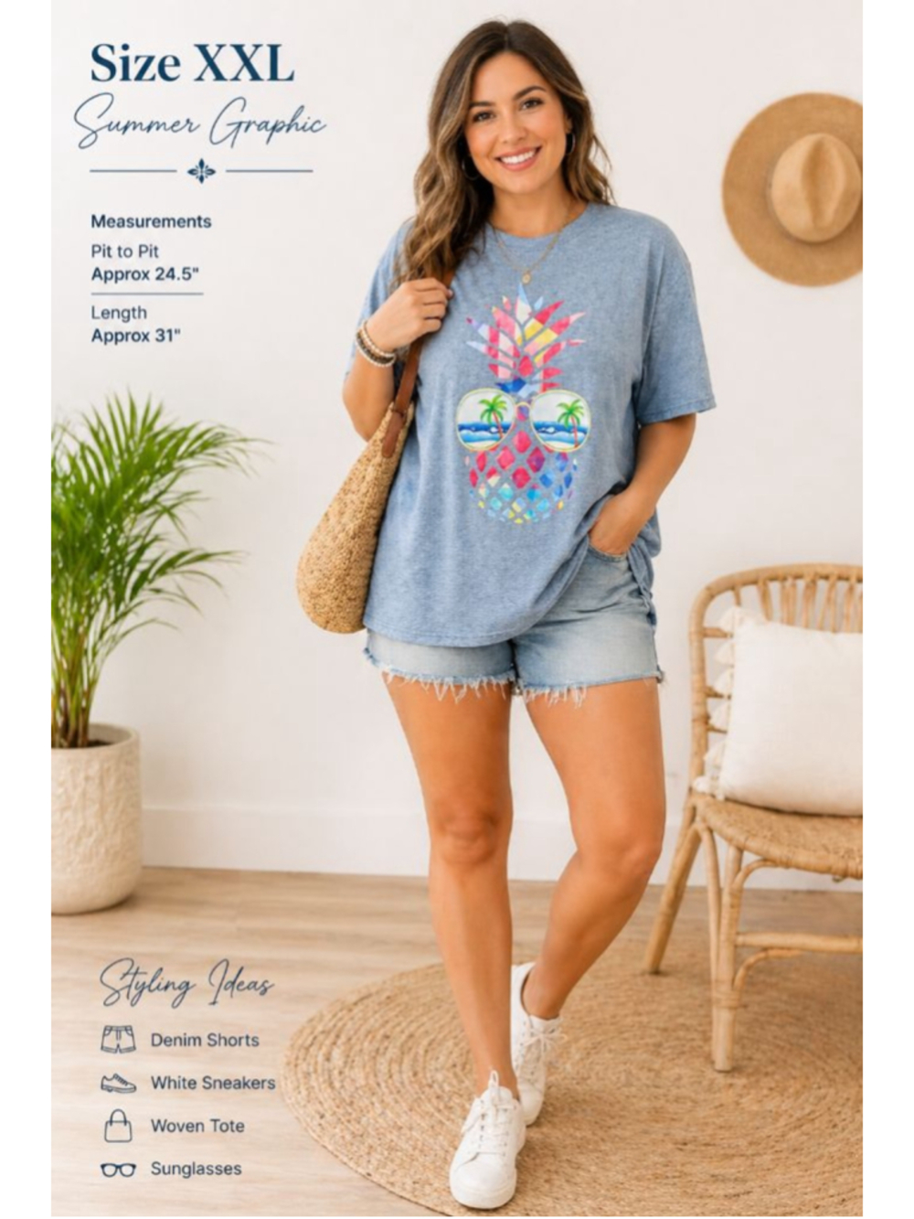 XXL Pineapple Graphic Tee Summer Tropical T-Shirt Blue Casual Beach Vacation - Picture 2 of 8